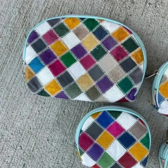 Set of 4 Nesting Pouch Coin Purse Cosmetic Bags Genuine Suede Patchwork Colorful - Picture 2 of 4